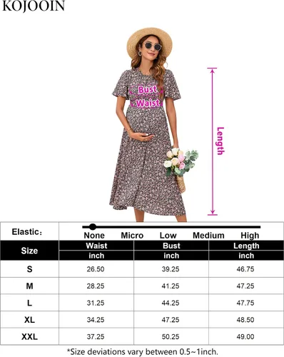 Vista 6 de KOJOOIN Vestido de maternidad bohemio con volantes de manga corta para mujer, vestido midi con cuello redondo fruncido floral para baby shower
