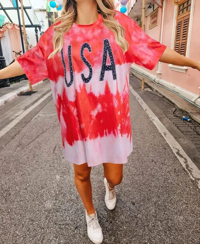 Vista 2 de Camisa de gran tamaño para mujer, diseño patriótico americano, cuello redondo, holgado, para el 4 de julio