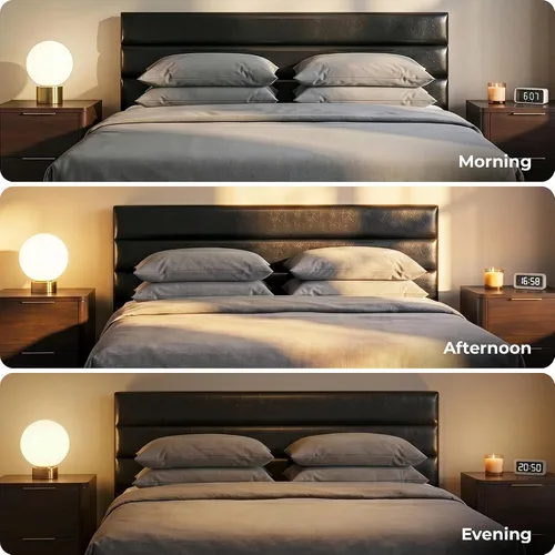 Vista 6 de Click365 Hudson - Base de cama de plataforma tamaño King, cama tapizada de piel sintética negra con cabecera copetuda, soporte de listones de Cuero
