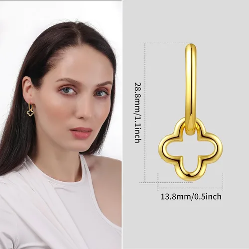 Vista 6 de ToHeart Aretes de trébol de oro para mujer, aretes de aro de trébol de oro de 14 quilates, ligeros, aretes de trébol de cuatro hojas, regalos