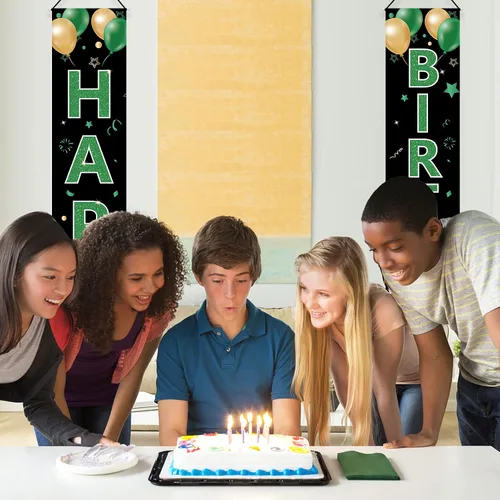 Vista 6 de Cartel verde para puerta de cumpleaños para mujeres y hombres, letrero de feliz cumpleaños verde negro dorado para porche, suministros de fiesta