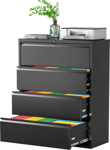 Vista 12 de Pataku Archivador lateral, archivador de 2 cajones con cerradura, archivadores negros para oficina en casa, archivador de metal para colgar