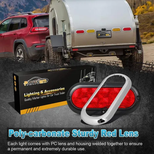 Vista 2 de Partsam 2 piezas de luces LED de 6" ovaladas cromadas para camión con remolque, rojas, 10 LED, montaje en superficie, luces traseras de parada, giro