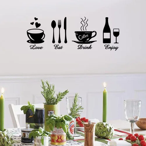 Vista 2 de Eat Love Drink Enjoy Kitchen Tenedor Cuchara Cuchillo Letrero Logo Calcomanías de Pared Citas Letras Pegatinas Comedor Restaurante Sala de estar DIY