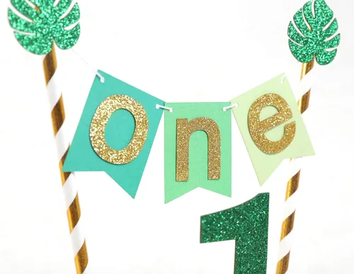 Vista 6 de Wild One Jungle Safari - Decoración para pastel de primer cumpleaños, purpurina dorada y verde, accesorios para tartas