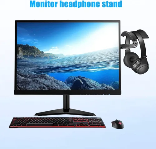 Vista 2 de Soporte de monitor para auriculares y auriculares, soporte ajustable para auriculares, soporte de gancho fuerte adhesivo en el monitor, organizador
