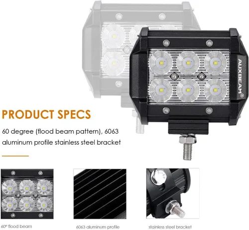 Vista 3 de Auxbeam Barra de luz LED de 4 pulgadas, 18 W, 18 W, haz de inundación, luz de conducción todoterreno para SUV, ATV, UTV, camiones, camionetas