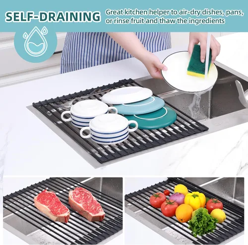 Vista 3 de Ohuhu Escurreplatos Enrollables, 16.5" L x 13" A Escurridor de Platos Sobre el Fregadero Estante de Secado Organizador de Fregadero de Cocina