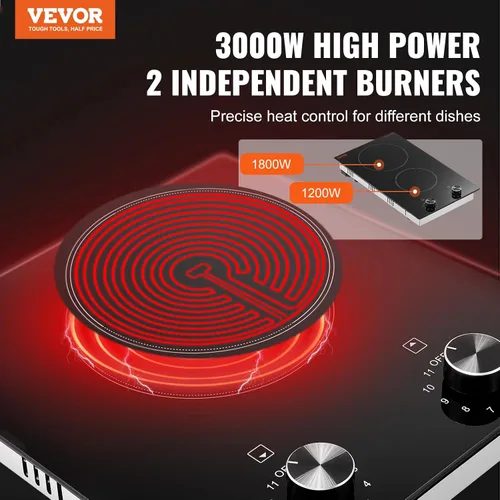 Vista 2 de VEVOR Placa de cocina eléctrica de cerámica, estufa eléctrica integrada, con panel de vidrio, control de perilla, 11 niveles de calor, para diversos