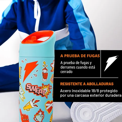 Vista 4 de Botella de agua Gatorade para niños Rookie Metal, de 12 onzas, botella de acero inoxidable, botella de doble pared con aislamiento, aislada al Azul