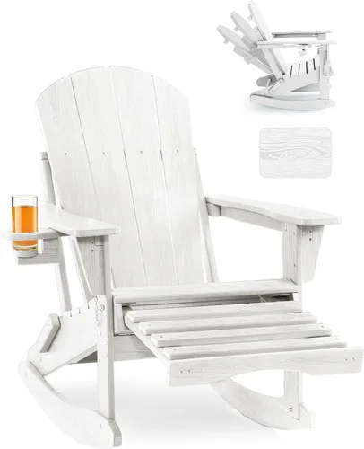 Vista 16 de Mecedora plegable Adirondack, silla de patio multifuncional 4 en 1 con otomana retráctil, silla de exterior con textura de madera, silla de césped