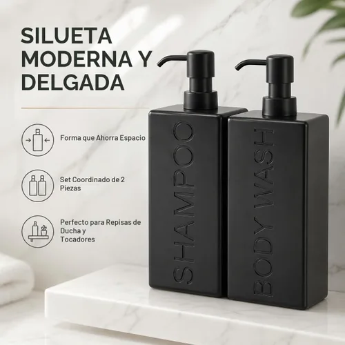 Vista 5 de dispensador rectangular de resina premium para cuarto de baño, para champú, acondicionador, loción corporal, diseño moderno recargable con bomba