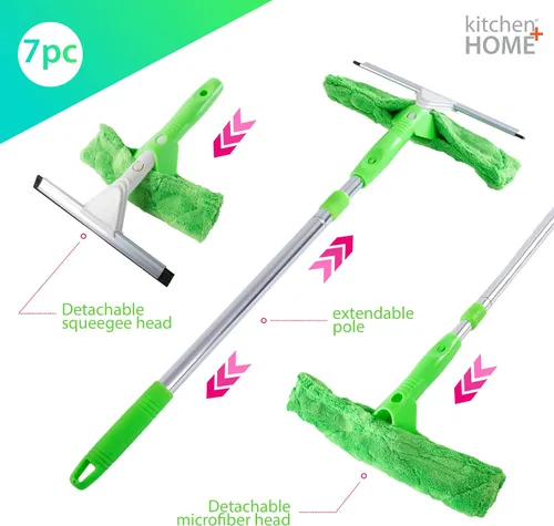 Vista 6 de Limpiacristales profesional 3 en 1. 2 Paños de microfibra con palo con extensible. Para vidrios y auto.