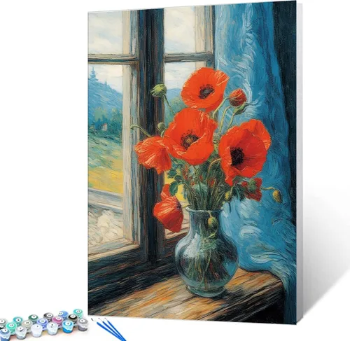 Vista 20 de Tucocoo Pintura de girasoles para ventana por números para adultos, kits de pintura al óleo digital sobre lienzo con pinceles y pigmento acrílico