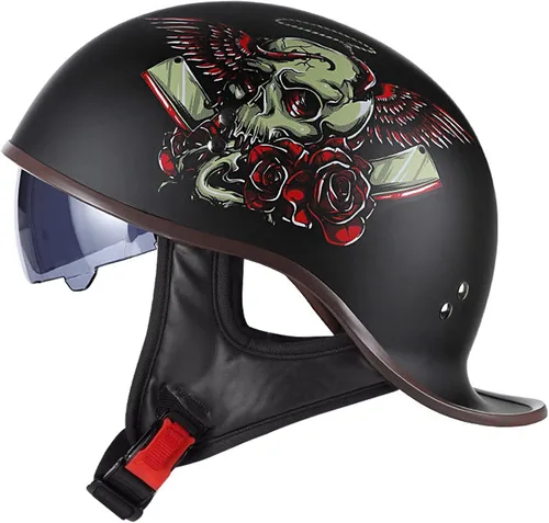 Vista 17 de Casco de motocicleta retro de media cara aprobado por DOT para hombres y mujeres adultos, estilo vintage alemán, con diseño de calavera