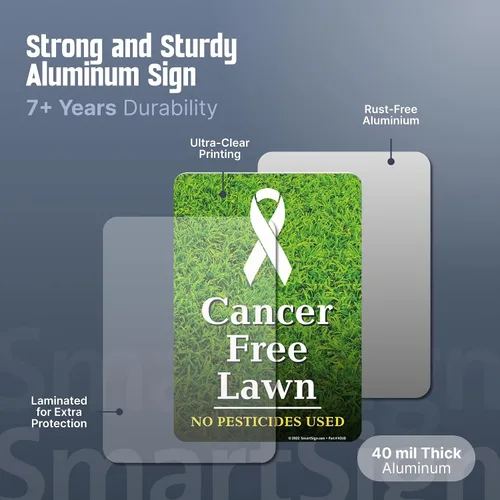 Vista 4 de SmartSign Letrero de patio de 10 x 7 pulgadas, libre de cáncer, sin pesticidas, kit de letrero y estaca de 21.5 pulgadas de alto, aluminio laminado