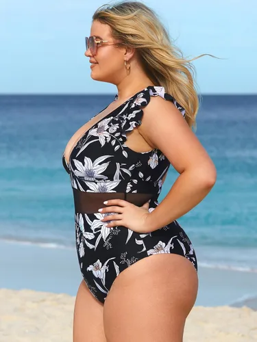 Vista 3 de CUPSHE Traje de baño de una pieza para mujer, talla grande, cuello en V, con volantes y malla