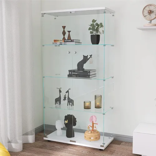 Vista 17 de Armario esquinero de cristal templado con 4 estantes de 64 pulgadas de alto, gabinete de licor de 5 lados con luces LED, bloqueo y pies ajustables