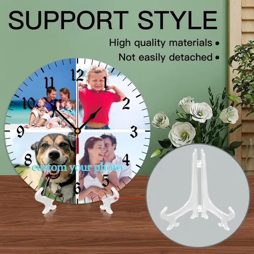 Vista 4 de Reloj de pared personalizado, reloj personalizado con texto de 4 imágenes, reloj de fotos silencioso redondo personalizado de PVC, regalos