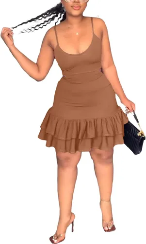 Vista 4 de Ophestin Minivestido sexy con cuello redondo y sin mangas con volantes para mujer