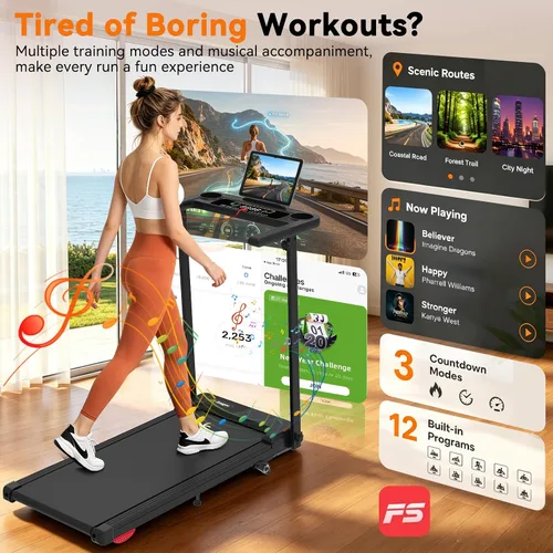Vista 2 de Almohadilla plegable para caminar con 10% de inclinación/altavoz Bluetooth, cintas de correr de 2.5 HP para el hogar, caminadora portátil con barra