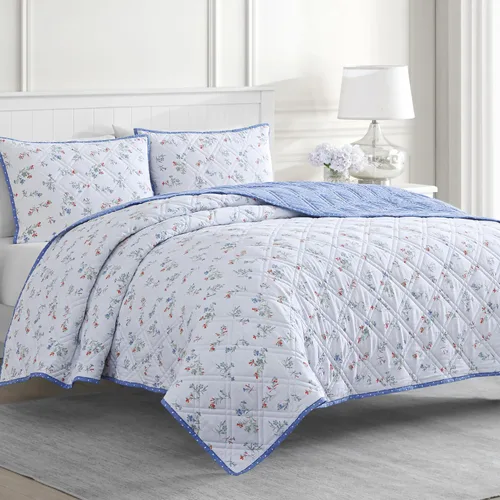 Vista 9 de MARTHA STEWART Naomi - Juego de edredón de 3 piezas, 100% algodón, reversible, fresco, tejido de percal suave, ligero, estampado, 1 edredón, 2