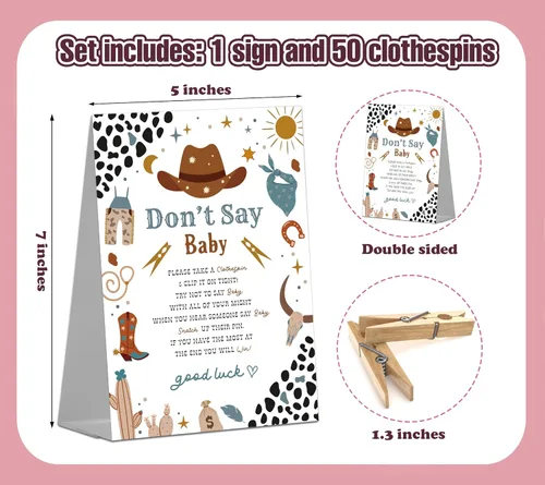Vista 2 de Letrero de juego de vaquero para baby shower (1 letrero + 50 mini pinzas para la ropa) para decoraciones y recuerdos de fiesta de revelación