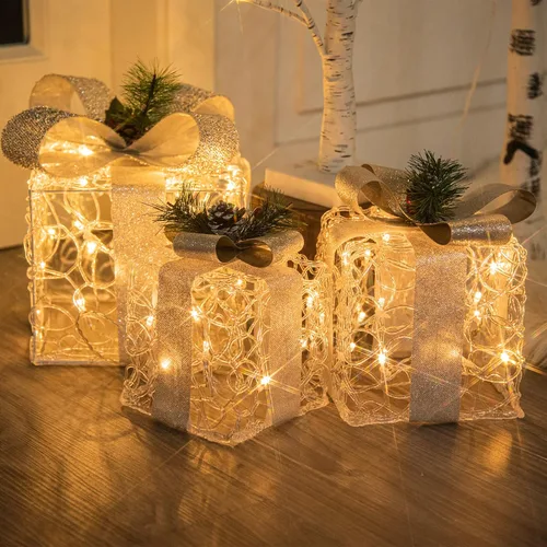 Vista 9 de PEIDUO Cajas de regalo iluminadas de Navidad, juego de 3, decoraciones de regalo al aire libre, paquetes debajo del árbol para interiores, fiestas