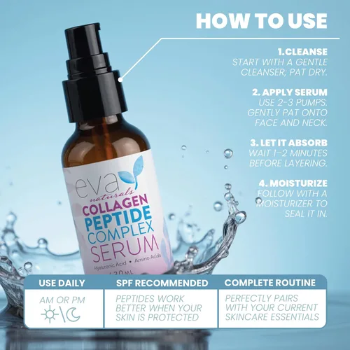 Vista 4 de Eva Naturals Suero facial multipéptido, péptidos de colágeno antienvejecimiento para elasticidad de piel regordeta y firme, renovación de arrugas