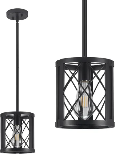Vista 8 de Lámpara Colgante de Granja para Isla de Cocina - Linterna de Metal Industrial Negra Iluminación Colgante Individual Luminaria Colgante con Varillas