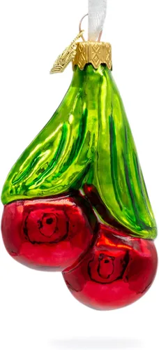Vista 2 de Cerezas rojas con hojas verdes adorno de Navidad de vidrio