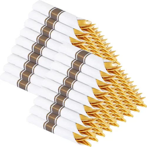 Vista 9 de Supernal Juego de 30 Cubiertos de Plástico Dorado Preenvueltos con Servilletas, Juego de Cubiertos de Plástico Envueltos, Utensilios Desechables