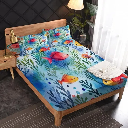 Vista 2 de Juego de sábanas tamaño individual: sábanas de cama de peces, sábanas y fundas de almohada, microfibra suave, bolsillo profundo y sin arrugas, juego