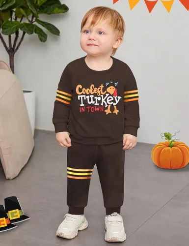 Vista 3 de WIQI Toddler Baby Boy Thanksgiving Outfit Turkey Letter Print Long Sleeve Striped Tops + Long Pants Thanksgiving Outfit Set