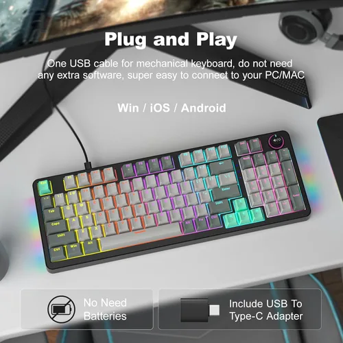 Vista 4 de MOFII AK96 - Teclado mecánico para juegos, teclas completas LED retroiluminadas programables, Plug and Play USB AC Teclado personalizado con botón