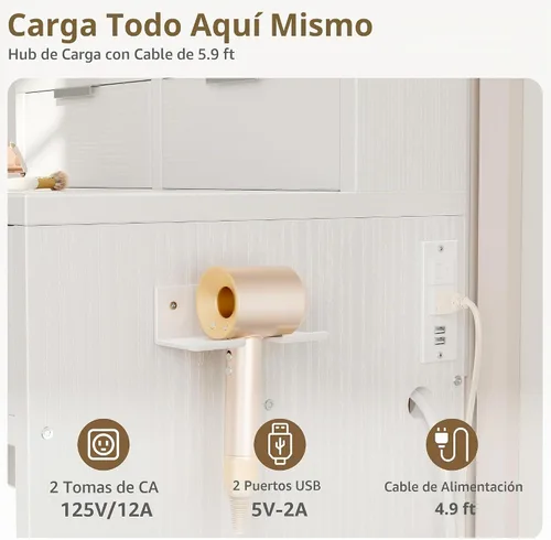 Vista 6 de BOLUO Escritorio de Maquillaje Blanco con Espejo de Hollywood y Luces, Mesa Compacta de Maquillaje para Niñas con Cajones y Enchufe para Dormitorio