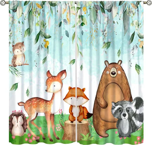 Vista 29 de YCness Cortinas para niños y niñas, diseño de animales de la selva, bosque de otoño, dibujos animados, ciervos, conejos, zorros, búhos, cortinas