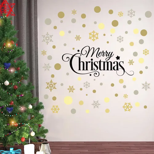 Vista 5 de Calcomanías de pared de copos de nieve de lunares dorados, marrones y grises, vinilo extraíble para decoración de Navidad, sala de estar