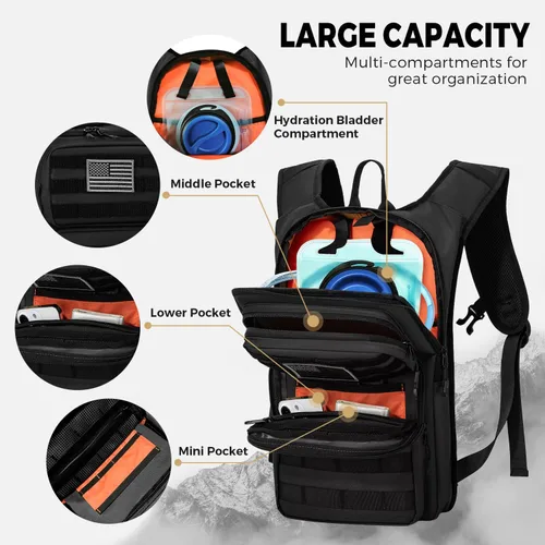 Vista 3 de Koculemi Mochila táctica de hidratación con bolsa de agua de 2L y bolsa táctica pequeña delantera, mochila de agua para exteriores para hombres