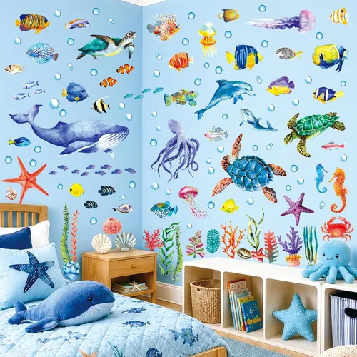 Vista 3 de DECOWALL 128 calcomanías de pared bajo el mar, calcomanías de pez océano, tortuga, medusas, algas marinas, extraíbles para el dormitorio