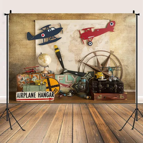 Vista 5 de Telones de fondo de sueño volador para niños, decoración de fiesta de primer cumpleaños, mapa piloto, avión, maleta de viaje, fondo de fotos, baby