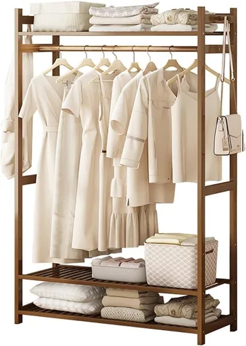 Vista 19 de Perchero de bambú con 5 estantes de almacenamiento para vestidos, zapatos y sombreros, carga máxima de 220.5 lbs, ideal para dormitorio