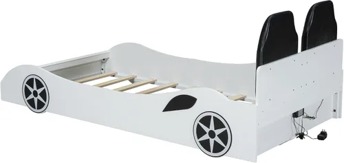 Vista 9 de Twin Size Race Car-Shaped Platform Bed with Upholstered Backrest, Wooden Platform Bed with Sturdy Slat Support for Kids Teens Boys Girls Bedroom