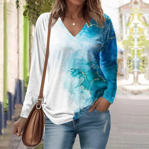 Vista 3 de Long Sleeve Shirts for Women Fall V-Neck Pullover Tees Blouse Loose Casual Sweatshirts Printed Long Sleeve Tunics Tops