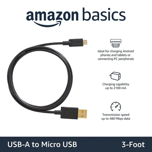 Vista 2 de Amazon Basics, Cable de carga USB-A a micro USB, velocidad de transferencia de 480 Mbps con conectores chapados en oro, USB 2.0, 3 pies, color negro