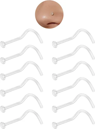 Vista 9 de Juego de 12 aretes de nariz transparentes para el trabajo, para mujeres y hombres, 12 piezas de 18G 20G Bioflex de plástico en forma de L, retenedor