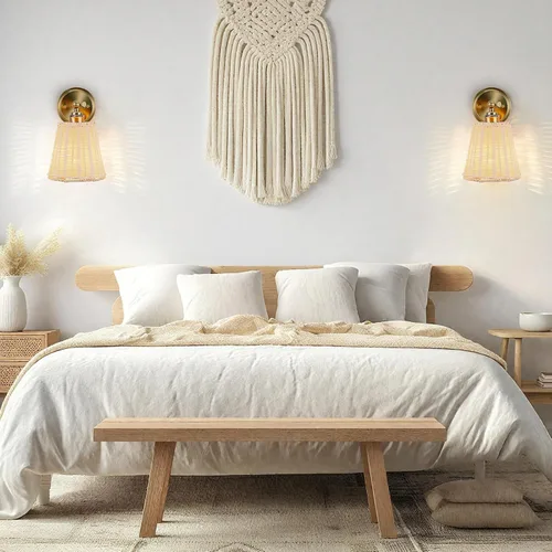 Vista 8 de Aplique de pared de ratán enchufable, pantalla de mimbre tejida a mano, juego de dos apliques de pared, lámpara de pared interior, juego de apliques