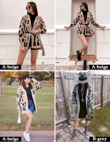 Vista 4 de ZESICA Suéter de punto de manga larga con estampado de leopardo para mujer suéter tipo cardigan para exteriores
