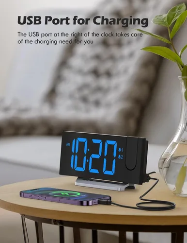 Vista 5 de Reloj despertador de proyección con radio FM, puerto de carga USB, atenuador 0-100%, alarma dual, pantalla LED HD, 30 estaciones preestablecidas