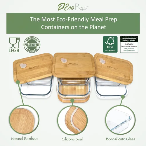 Vista 2 de EcoPreps Contenedores de vidrio para preparación de comidas con tapas de bambú, juego de recipientes de vidrio de 2 compartimentos (paquete de 3)